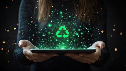 Poster - A close-up of a womans hands holding a tablet with a green recycling icon glowing brightly.