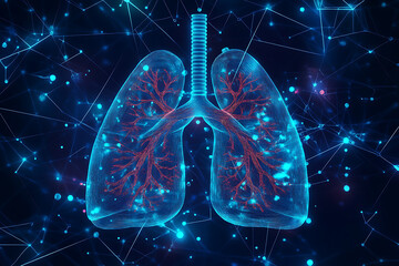 Poster - Digital illustration of human lungs with a network of veins against a blue background.