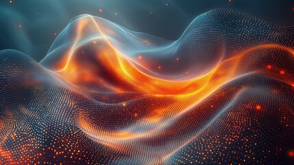 Poster - Abstract digital landscape with glowing lines and particles in vibrant colors during evening hours