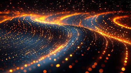 Poster - Colorful particles move gracefully across a dark background, creating a mesmerizing wave effect with light trails and glowing orbs