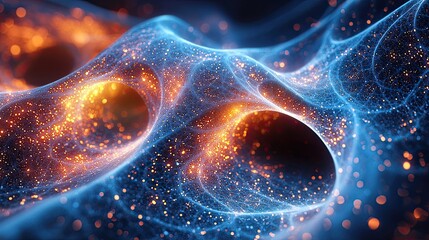 Poster - Dynamic abstract representation of cosmic energy flow with luminescent particles in a dark space