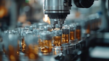 Aufkleber - Intricate machinery works tirelessly in a vibrant factory, carefully assembling glass vials filled with liquid. The atmosphere is charged with efficiency and technology