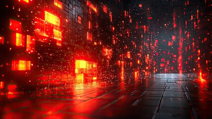 Poster - Abstract digital environment featuring glowing red blocks and particles in a futuristic setting