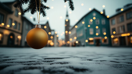 Wall Mural - A golden ornament hangs from a tree branch in a snowy city street