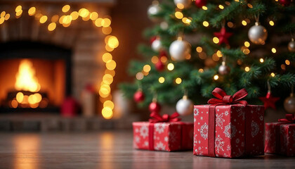 Wall Mural - Present Below Christmas Tree With Garlands In Home Interior With Fireplace And Star - Abstract Defocused Lights