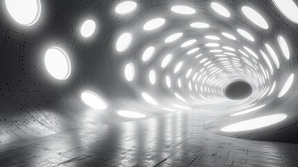 Poster - Futuristic tunnel with bright circular openings and smooth reflective surface in a minimalist design