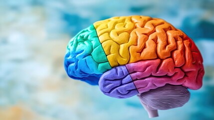 Poster - A colorful, artistic 3D rendering of a brain with each lobe uniquely shaded, illustrating functional areas.