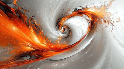 Poster - Swirling abstract design features vibrant orange and silver hues, creating dynamic motion and visual energy