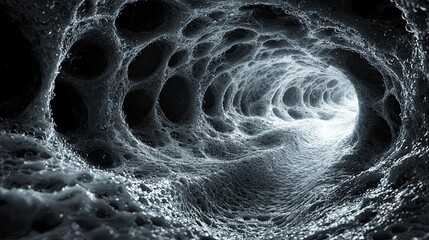 Poster - Intriguing view of a textured tunnel resembling cellular structures in a dark environment illuminated softly