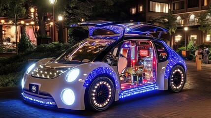 Poster - A digital rendering of a futuristic electric car with transparent bodywork, revealing internal components and glowing technology.
