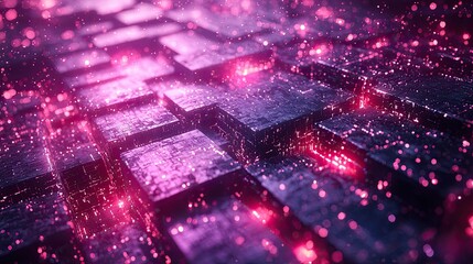 Fototapete - Vibrant glowing blocks form an abstract digital landscape illuminated by bright lights
