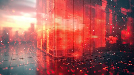 Poster - Digital cityscape illuminated with vibrant red and orange hues during sunset