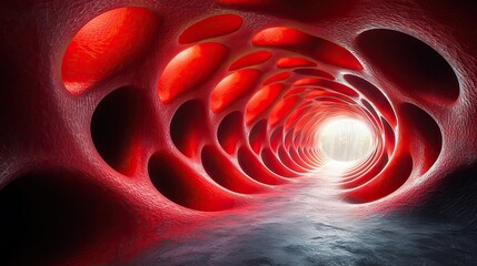 Poster - Exploring a surreal red tunnel illuminated by bright light at the end