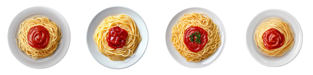 Poster - Spaghetti and sauce in a white plate, top view, isolated on a clear background.