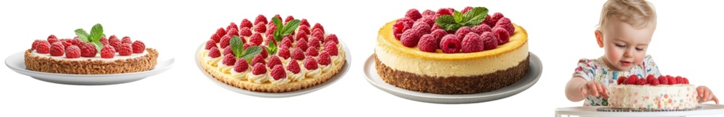 Poster - A cheesecake piece adorned with raspberries, isolated on a clear background.