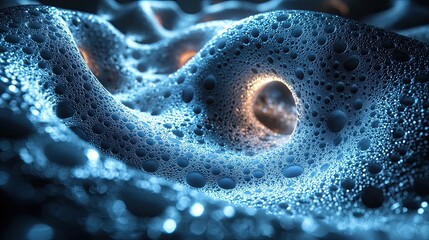 Poster - Exploration of intricate blue bubbles bathing in soft light contrasting with dark background
