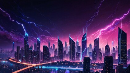 striking nighttime urban skyline with electric storm and dramatic lightning overhead