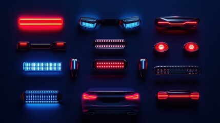 Aufkleber - Colorful LED car headlights and tail lights are neatly arranged against a dark background, providing ample space for additional text or information. Generative AI