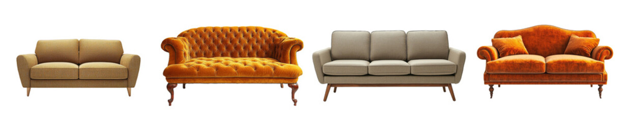 Poster - Petite sofa with wooden legs displayed on a transparent background.