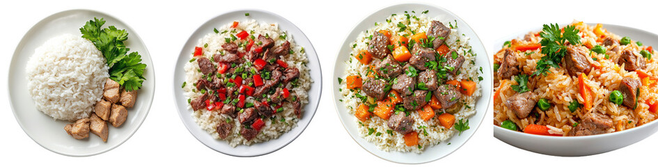 Poster - Pilaf on a plate, viewed from the top, isolated against a transparent background.