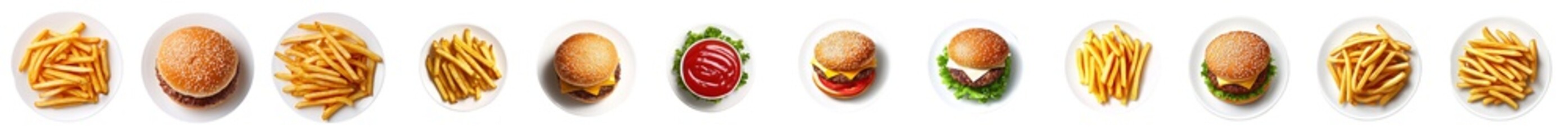 Poster - Three plates with a top-down view of french fries, cheeseburgers, and sauce, isolated against a transparent background.