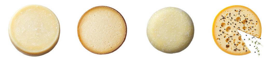 Poster - Whole round hard cheese, top view, set against a transparent background.