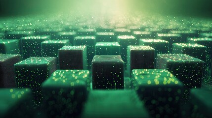 Poster - Digital landscape composed of interconnected cubes and shimmering particles in a technological setting
