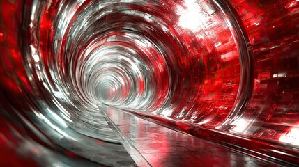 Poster - Vivid abstract tunnel with swirling red and silver patterns and bright light at the end