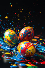 Wall Mural - explosion of colorful easter eggs and paints splashes on black background selective focus.