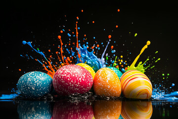 Wall Mural - explosion of colorful easter eggs and paints splashes on black background selective focus.