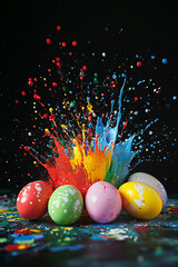 Wall Mural - explosion of colorful easter eggs and paints splashes on black background selective focus.