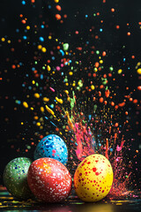 Wall Mural - explosion of colorful easter eggs and paints splashes on black background selective focus.
