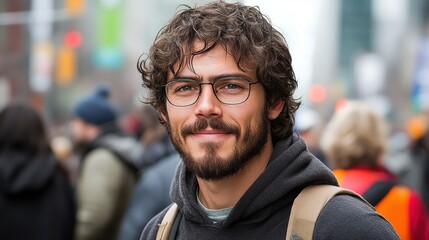 A man with glasses and a beard is smiling in a crowd. He is wearing a black hoodie and a backpack