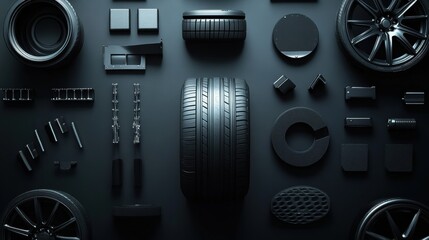 Fototapete - Various car tires, rims, and brake pads are artistically arranged on a dark background, providing ample space for custom text or branding. Generative AI
