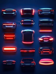 Aufkleber - Brightly colored LED car headlights and tail lights are artistically arranged against a dark background, creating a striking visual effect. Generative AI
