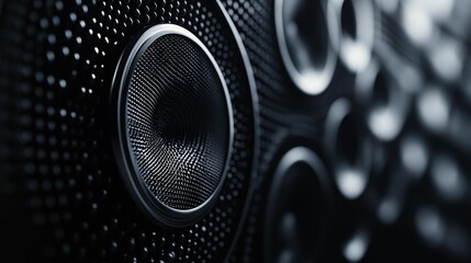 Close-up, dark speaker array, textured surface.