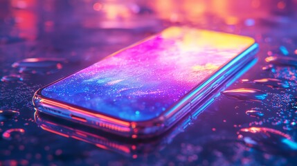 Aufkleber - A sleek smartphone lies on a reflective surface, displaying an eye-catching holographic interface. The surrounding atmosphere shimmers with colorful lights, creating a futuristic ambiance