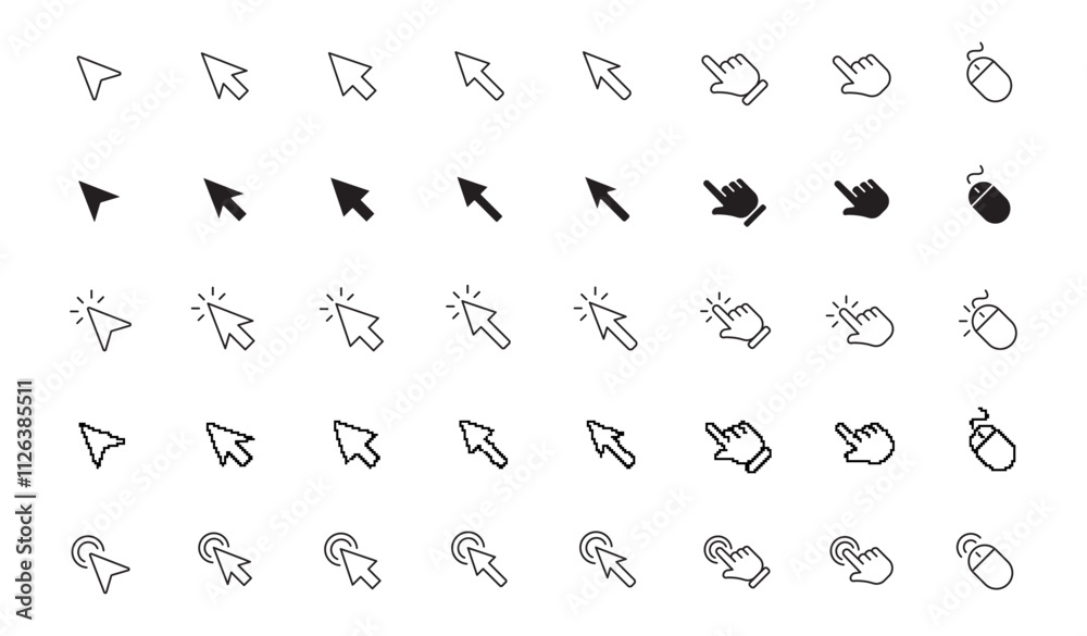 Computer mouse click cursor arrow icons set Clicking cursor. Hand ...