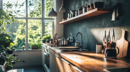 Modern sunlit kitchen, greenery, wooden shelves, sleek design, large windows, cozy cooking space