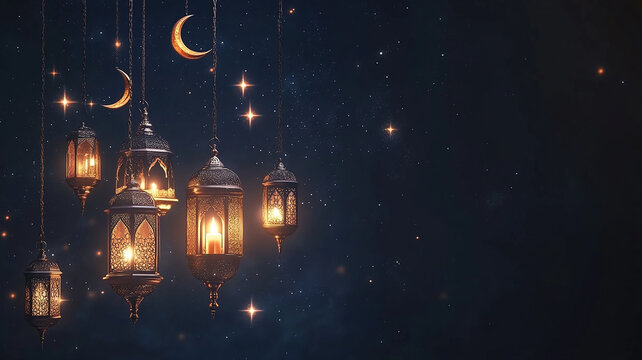 Islamic Greetings Banner with space for text. Luxury elegant banner for eid al fitr, ramadan sales, greetings card, idul fitri. Crescent, lamp, lantern, stars, mosque