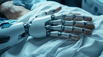 Poster - A futuristic medical robot assisting a patient in a sleek, high-tech hospital environment, showcasing advanced prosthetic healthcare.
