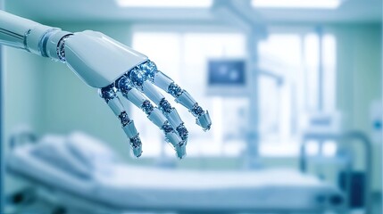 Poster - A highly detailed rendering of a medical robot using AI to diagnose a patient in a technologically advanced healthcare facility.