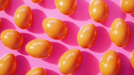 Wall Mural - Orange eggs on pink background.