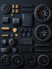 Aufkleber - Car tires, rims, and brake pads are stylishly displayed on a dark background, allowing space for text or branding. Generative AI