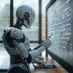 Aufkleber - an AI robot on the front of empty classroom with whiteboard behind him full of equation.