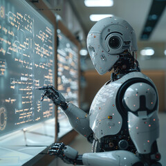 Aufkleber - an AI robot on the front of empty classroom with whiteboard behind him full of equation.