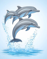 Wall Mural - three dolphins leaping from ocean water, creating splashes.