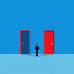 Poster - A man stands in front of two doors, one blue and one red