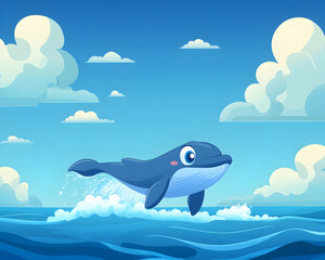 Wall Mural - cartoon whale leaping from ocean waves under a blue sky with fluffy clouds.