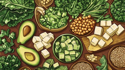 Sticker - Green vegetables tofu avocado chickpeas quinoa healthy food pattern art decor